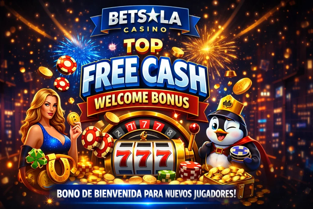 Betsala Casino bono de bienvenida con Free Cash y tragamonedas 777 en fondo nocturno con fuegos artificiales