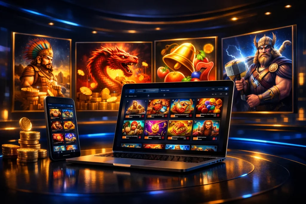 Catálogo visual de tragamonedas online con interfaz oscura, botones de acceso bien organizados y selección de Slots presentada de forma dinámica y limpia